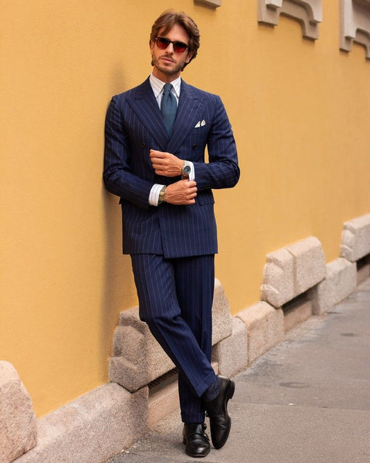 Blue pinstripe merino wool trouser