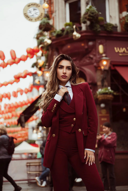 French Red Tailored Three Piece Suit for Women