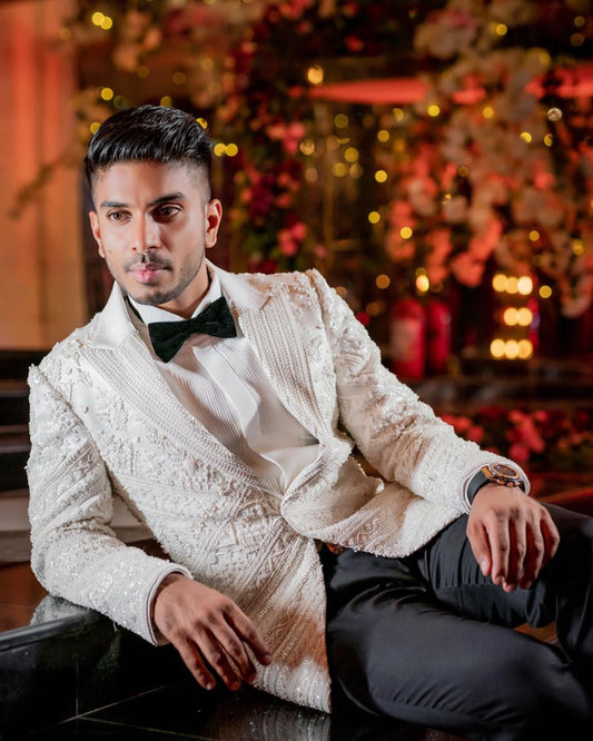 Hand Embroidered White Crystal Tuxedo