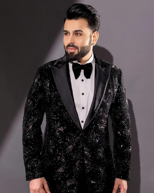Black Crystal Embroidered Wedding Tuxedo Jacket