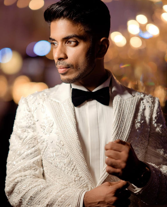 Hand Embroidered White Crystal Tuxedo