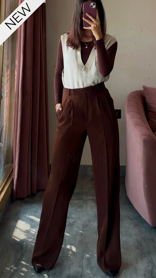 Choclate Brown Pleated High Waist Trouser