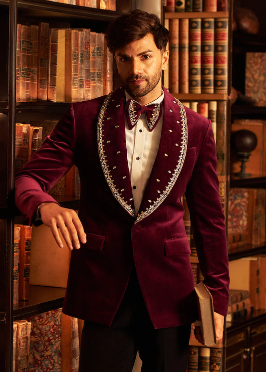 Maroon Cotton Velvet Crystal Wedding Tuxedo