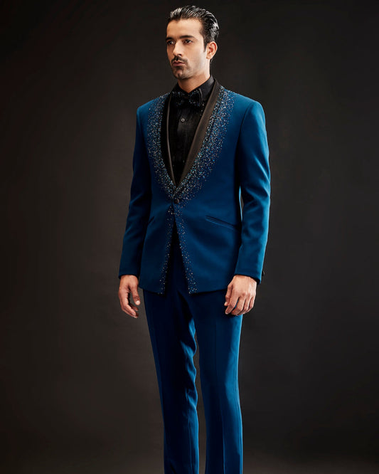 Teal Blue Crystal Embroidered Tuxedo