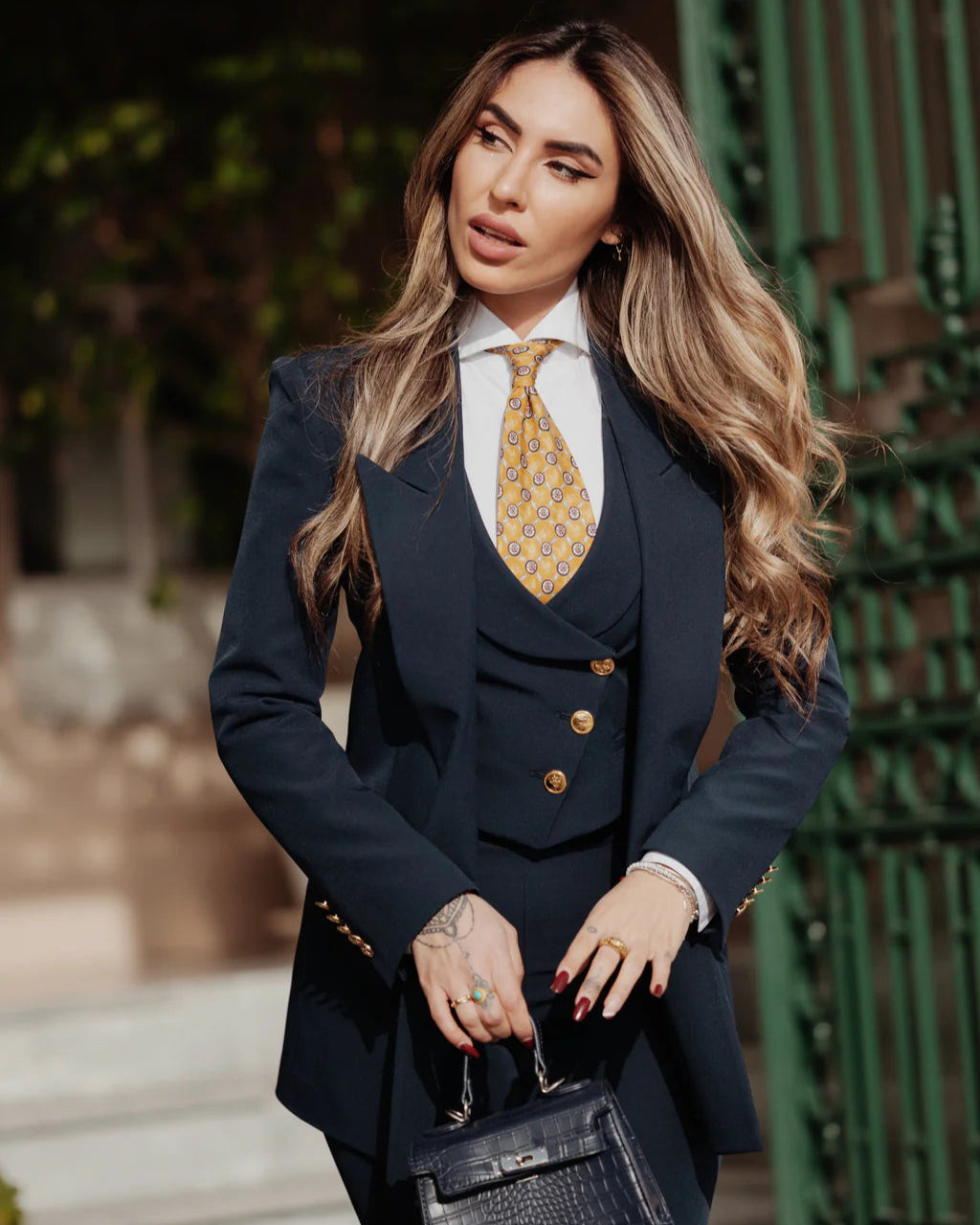 Navy Blue Tailored Three Piece Suit for Women madhumancouture Navy Blue Tailored Three Piece Suit for Women madhumancouture