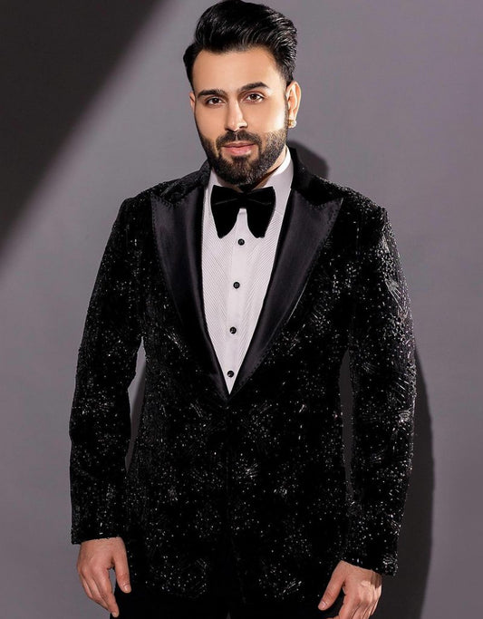 Black Crystal Embroidered Wedding Tuxedo Jacket