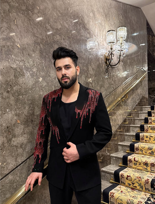 Black and Red Crystal Embroidered Tuxedo