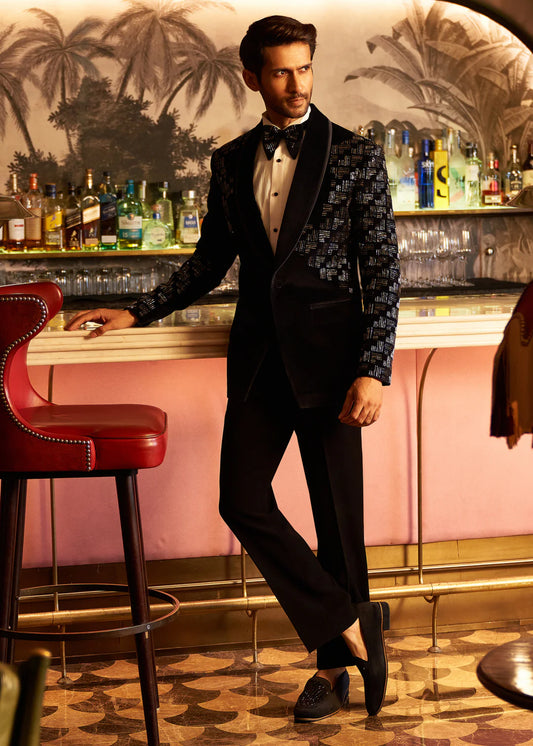 Midnight Black Geometric Crystal Velvet Tuxedo