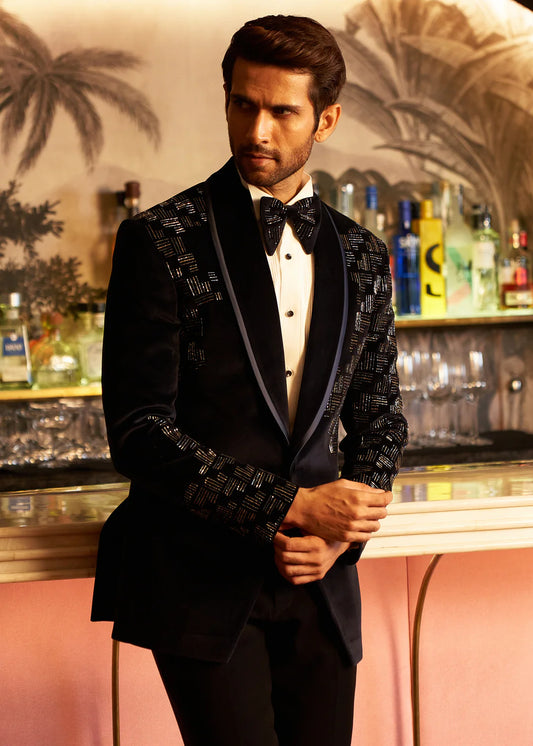 Midnight Black Geometric Crystal Velvet Tuxedo