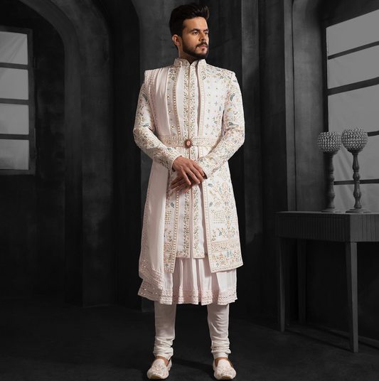 The artistry edit- rose quartz palette & signature layered jacket style Sherwani