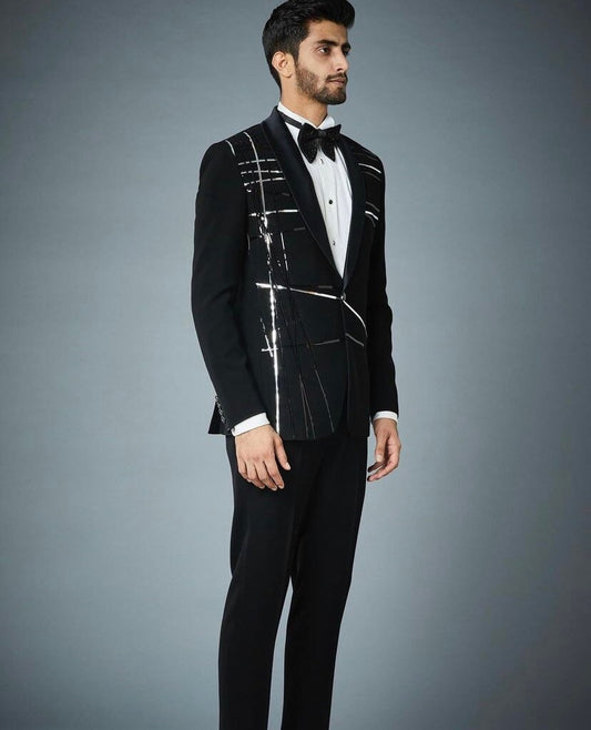 Black Abstract Line Tuxedo Jacket