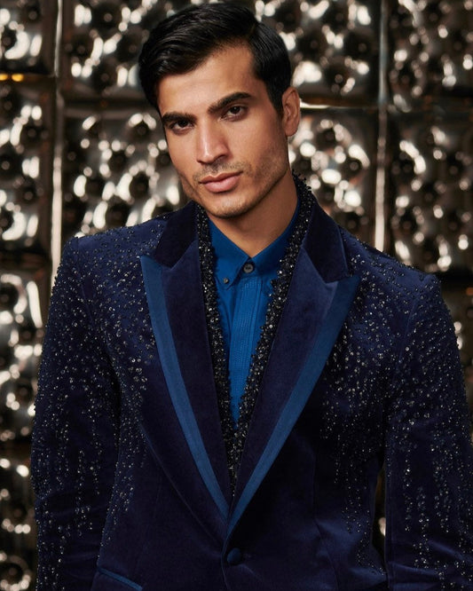 Hand Embroidered Navy Blue Velvet tuxedo