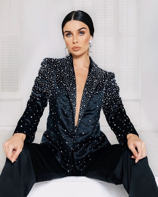 Pearl Embroidered Black Silk Velvet Tuxedo Jacket For Women