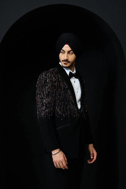 Rose-gold Crystal Shower Black Tuxedo