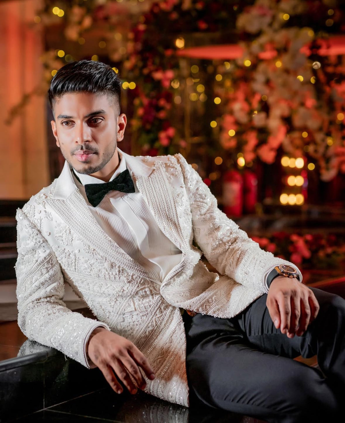 Hand Embroidered White Crystal Tuxedo