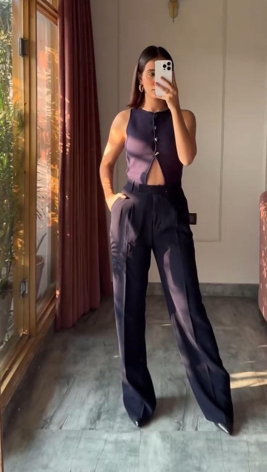 Midnight Blue Pleated High Waist Trouser