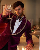 Maroon Cotton Velvet Crystal Wedding Tuxedo