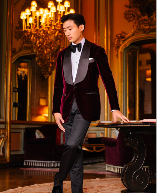 Dark Red Cotton Velvet Tuxedo