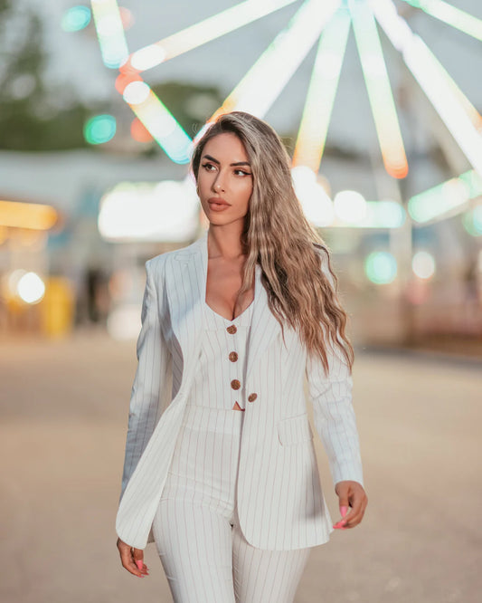 Off White Pinstripe Tailored Three Piece Suit for Women