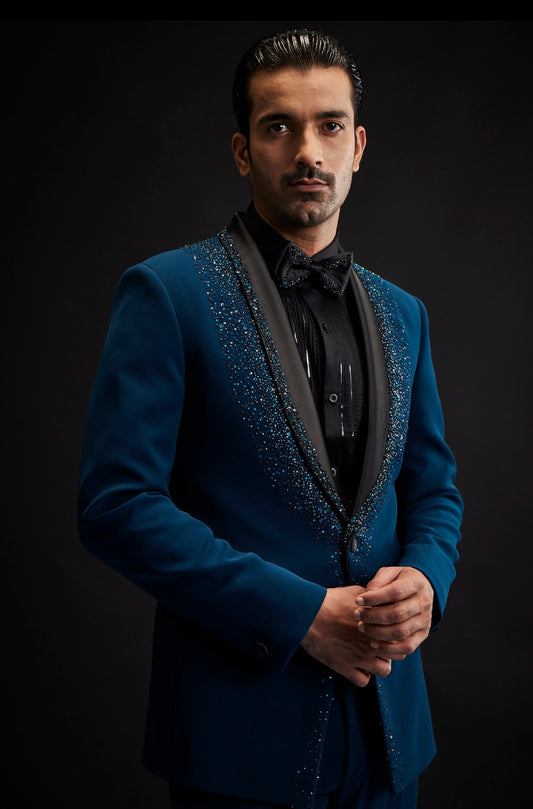 Teal Blue Crystal Embroidered Tuxedo