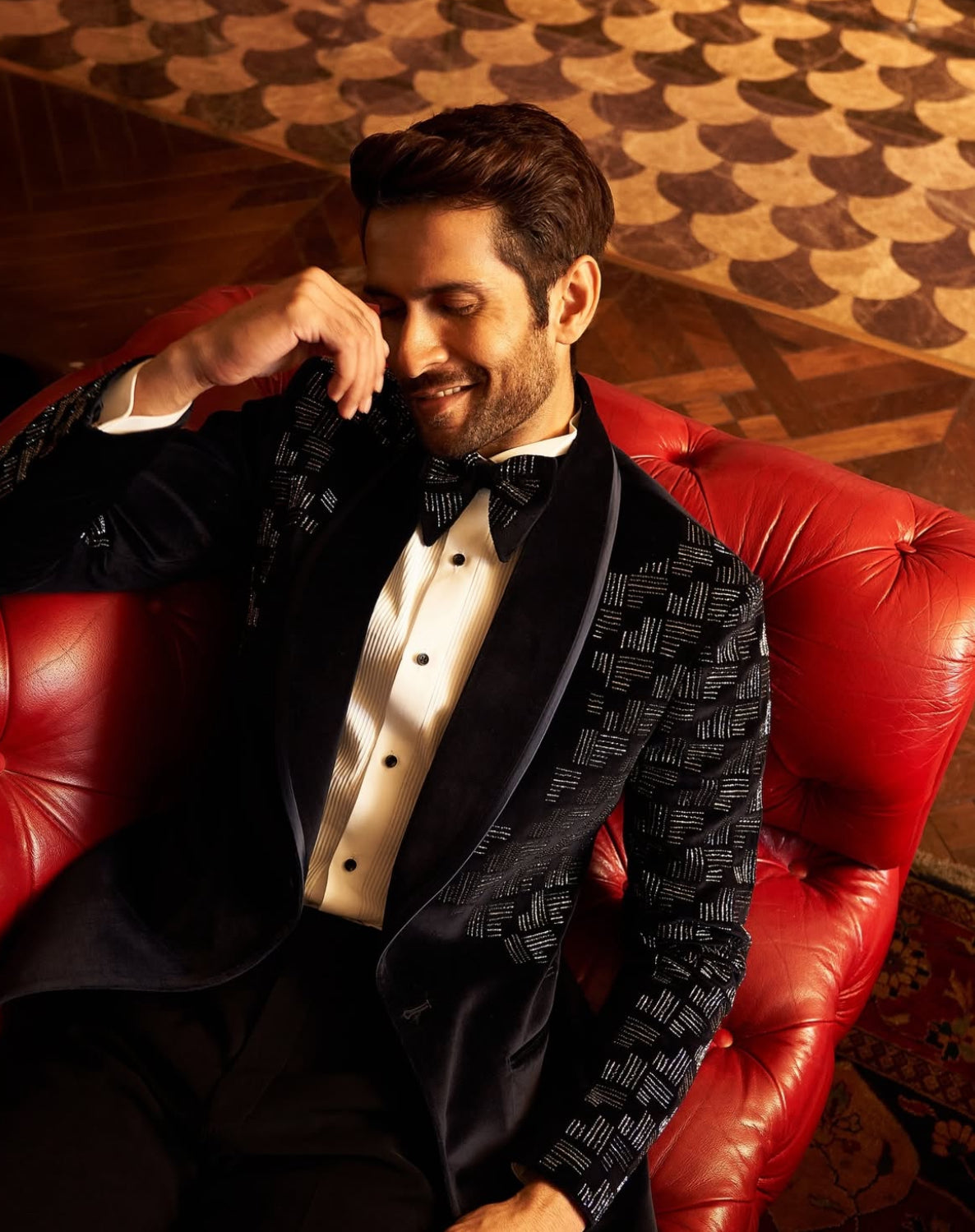 Midnight Black Geometric Crystal Velvet Tuxedo