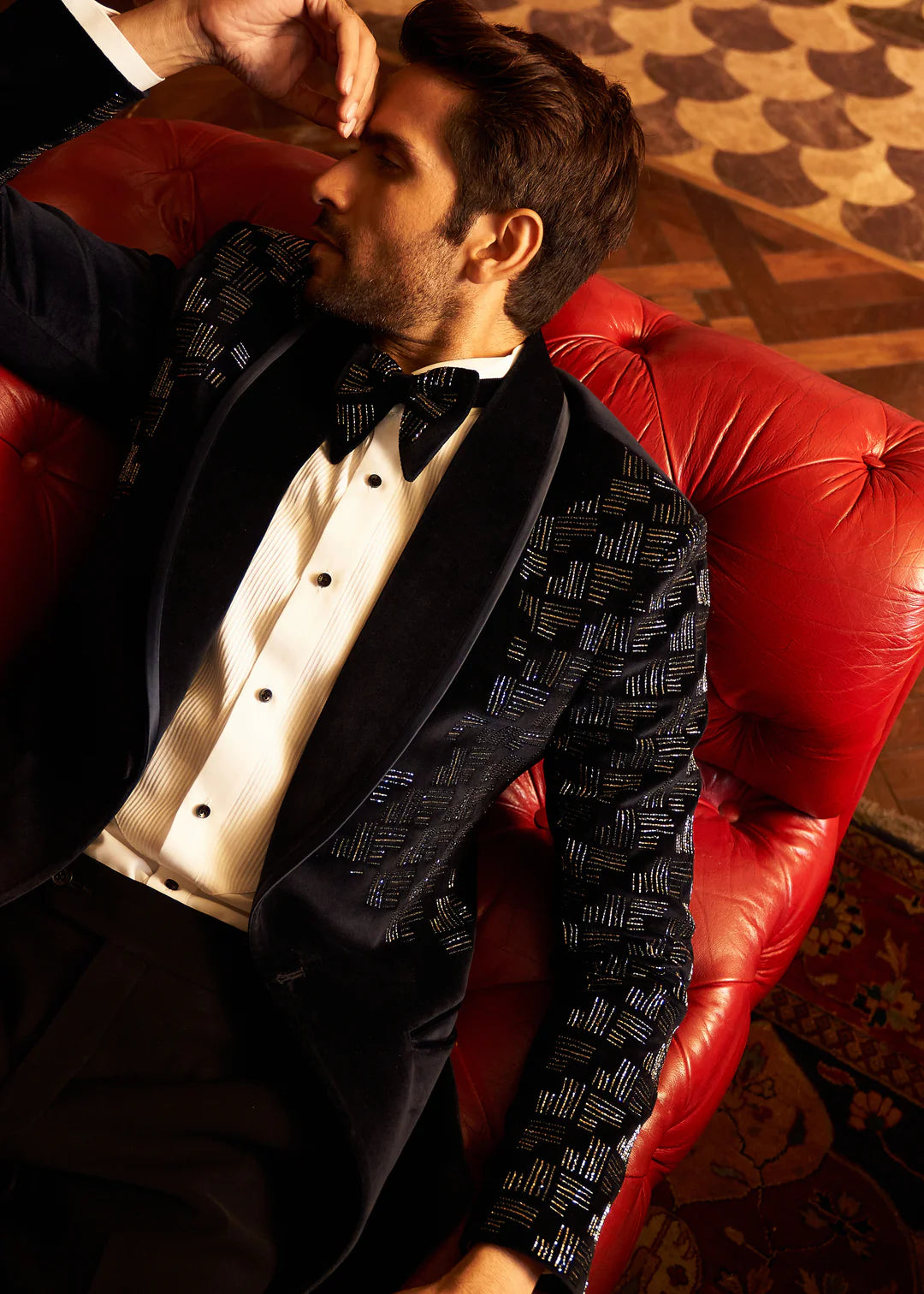 Midnight Black Geometric Crystal Velvet Tuxedo