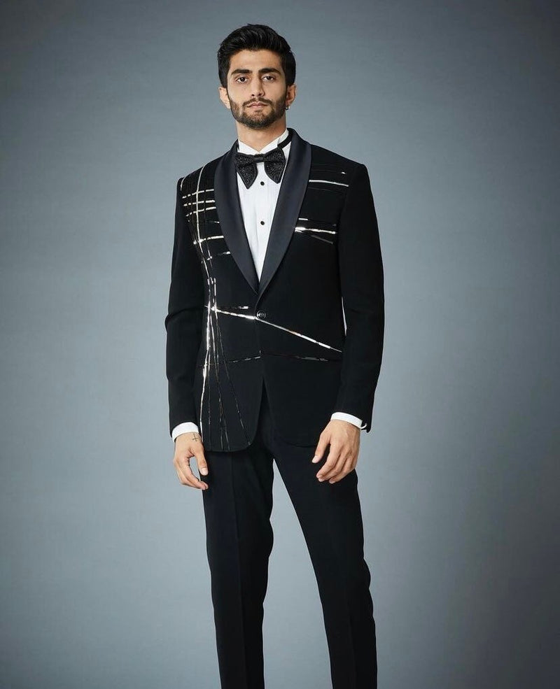 Black Abstract Line Tuxedo Jacket