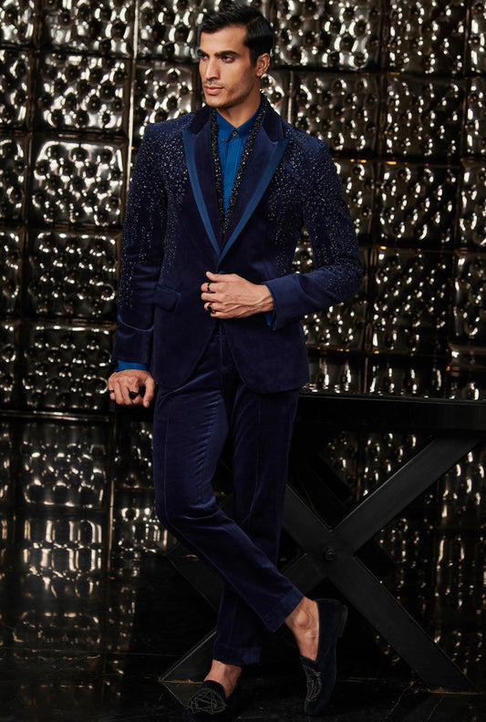 Hand Embroidered Navy Blue Velvet tuxedo