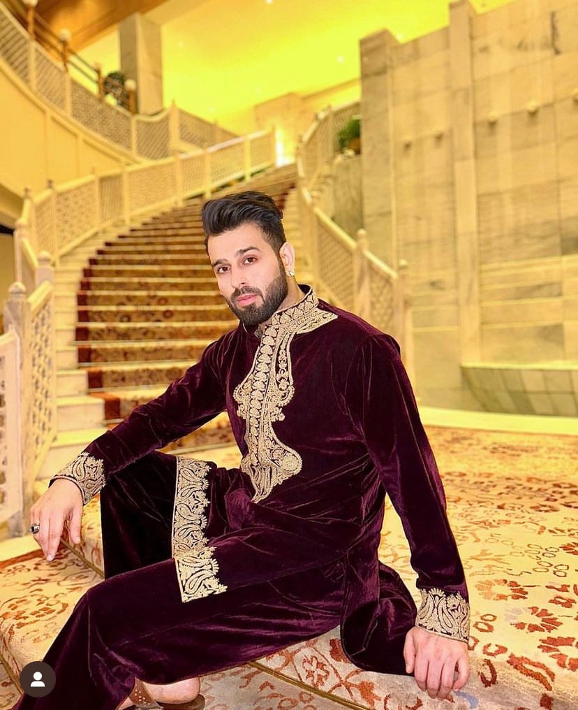 Wine Zardozi Embroidered kurta for men