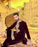 Wine Zardozi Embroidered kurta for men