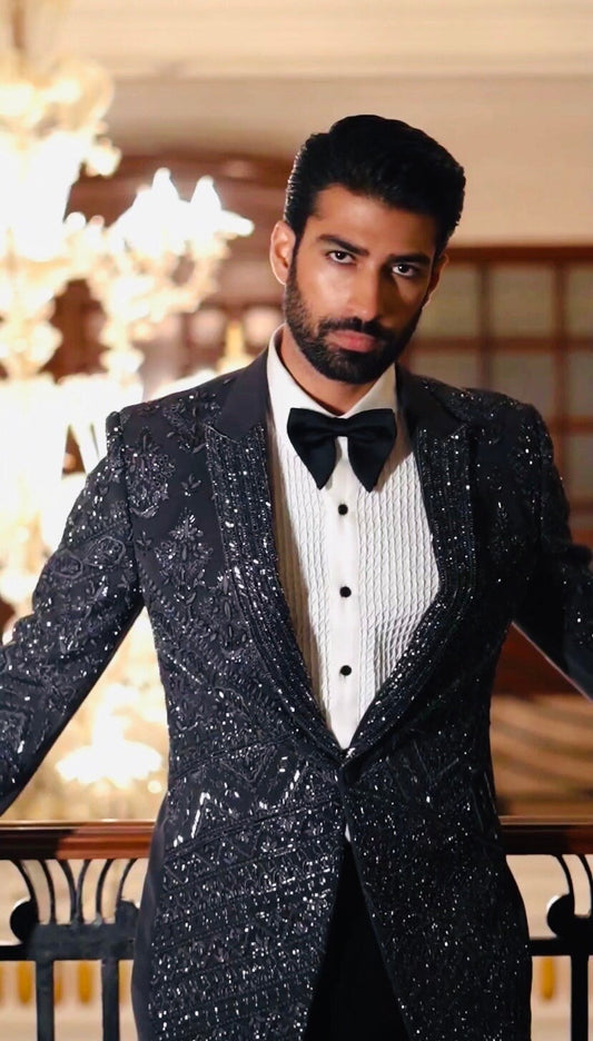 Hand Embroidered Black Crystal Tuxedo