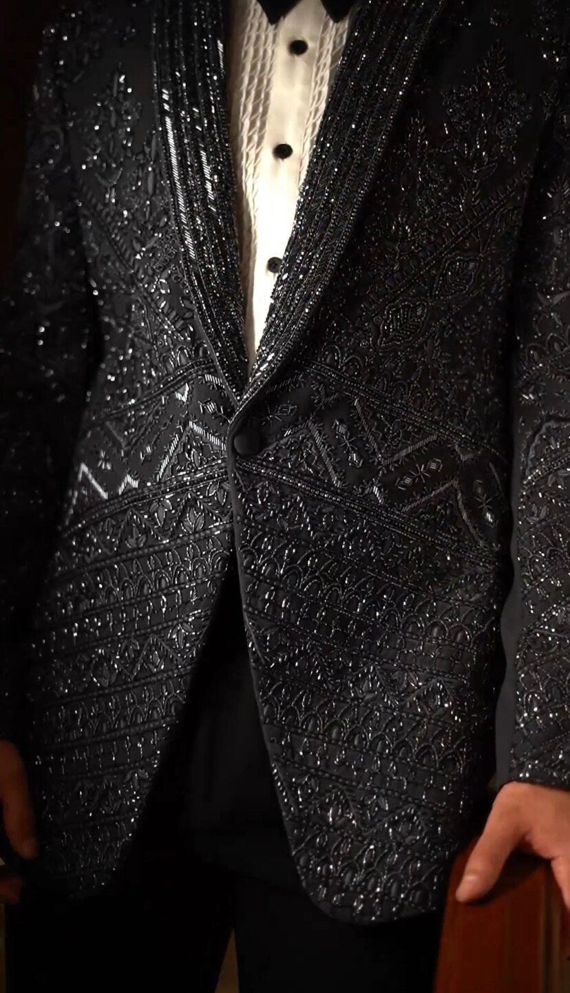 Hand Embroidered Black Crystal Tuxedo